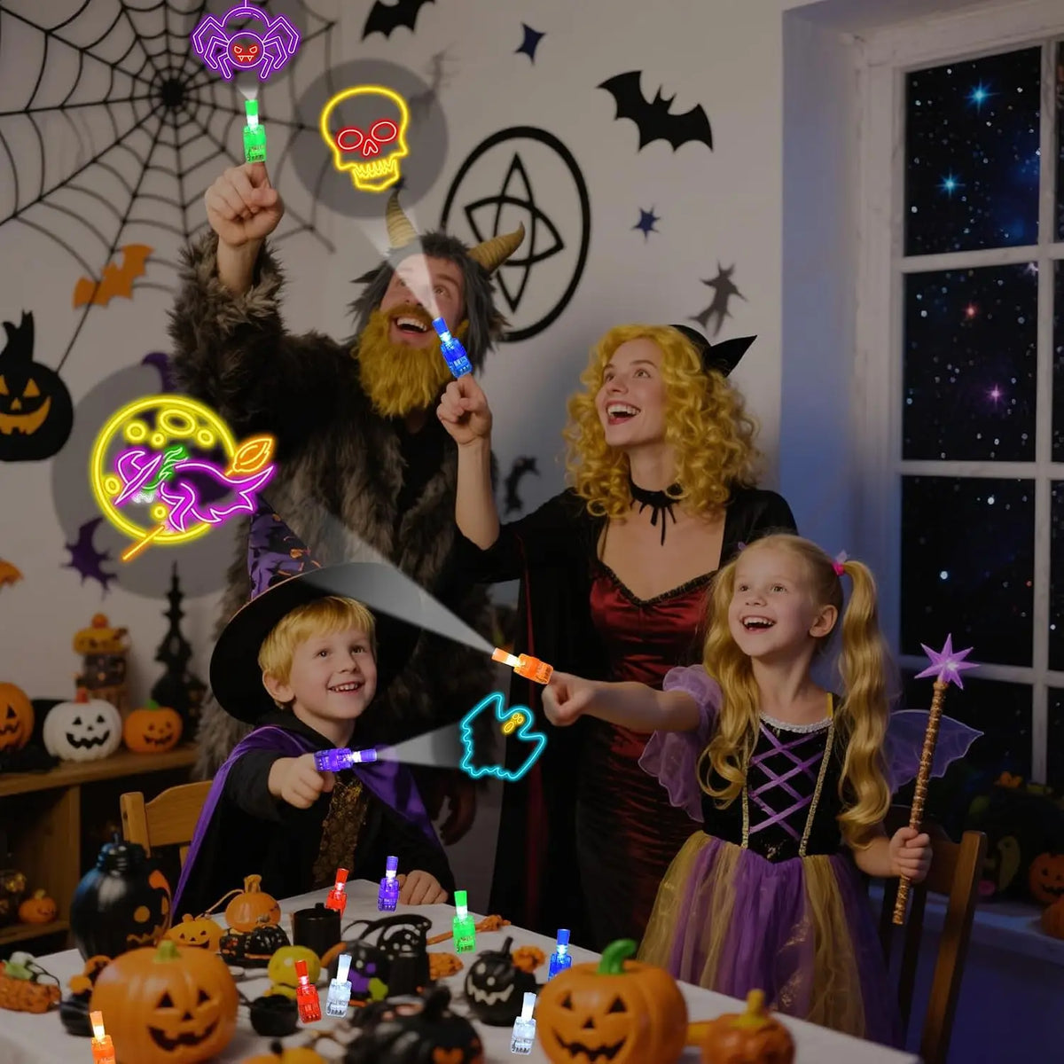 Halloween projection designs: pumpkins, ghosts, bats, skulls and spiders in 8 light colors