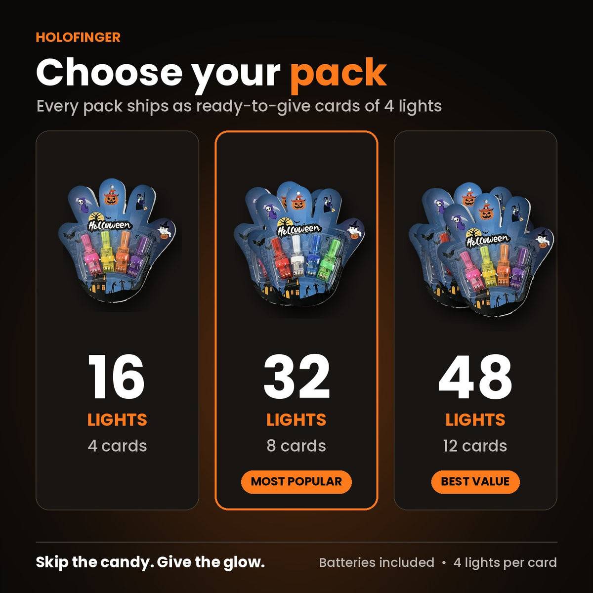 Holofinger finger light packs: 16, 32 or 48 lights on Halloween gift cards