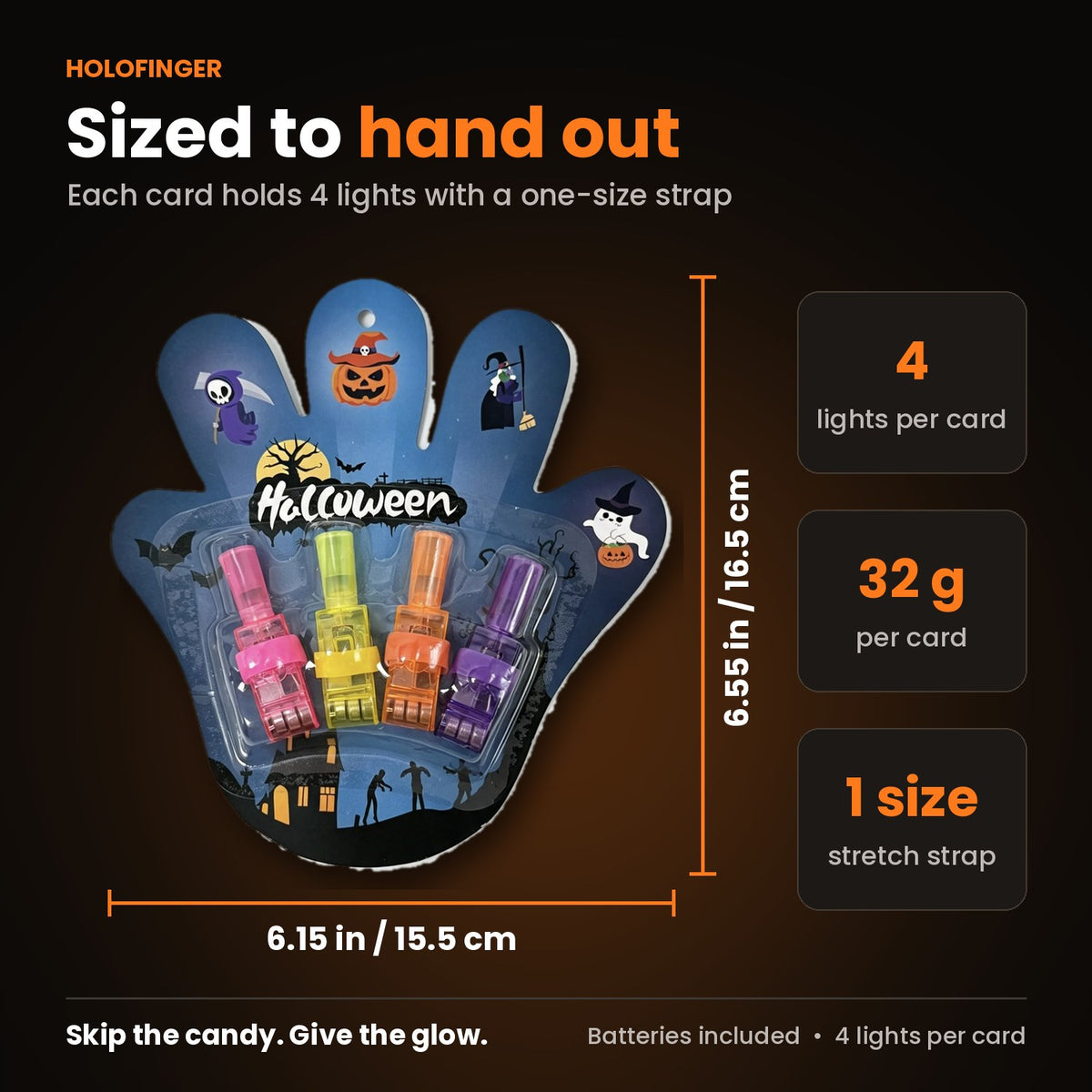 Holofinger Halloween card size 6.15 x 6.55 inches with 4 finger lights and stretch strap